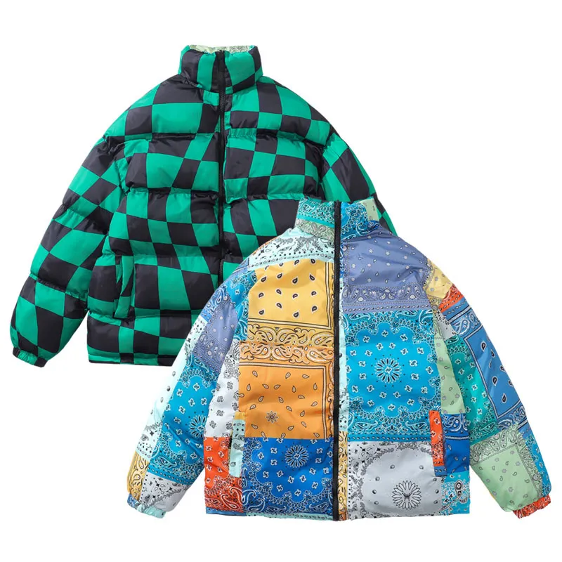 Men Winter Omkeerbare jas Parka Streetwear Bandana Paistey Print kleurblok dikke warme puffer jassen Harajuku Outdoor