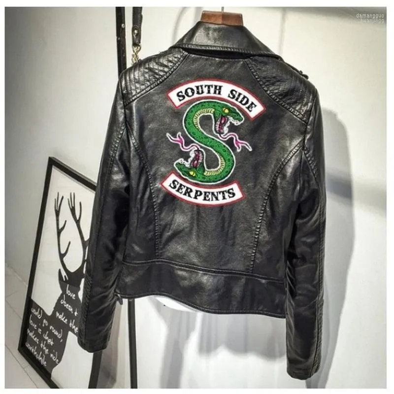 Kurtki damskie Serpents Southside Riverdale Print PU Leather Women South Side Streetwear Czarny płaszcz z kapturem Dziewczęca kurtka