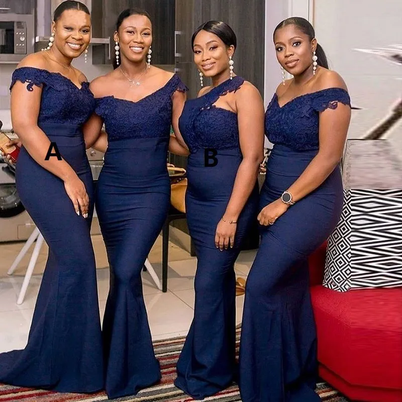 2023 African Bridesmaid Dresses Off Shoulder Royal Blue Satin Lacec Appliques Plus Size Mermaid Floor Length Maid Of Honor Gowns Wedding Guest Dress