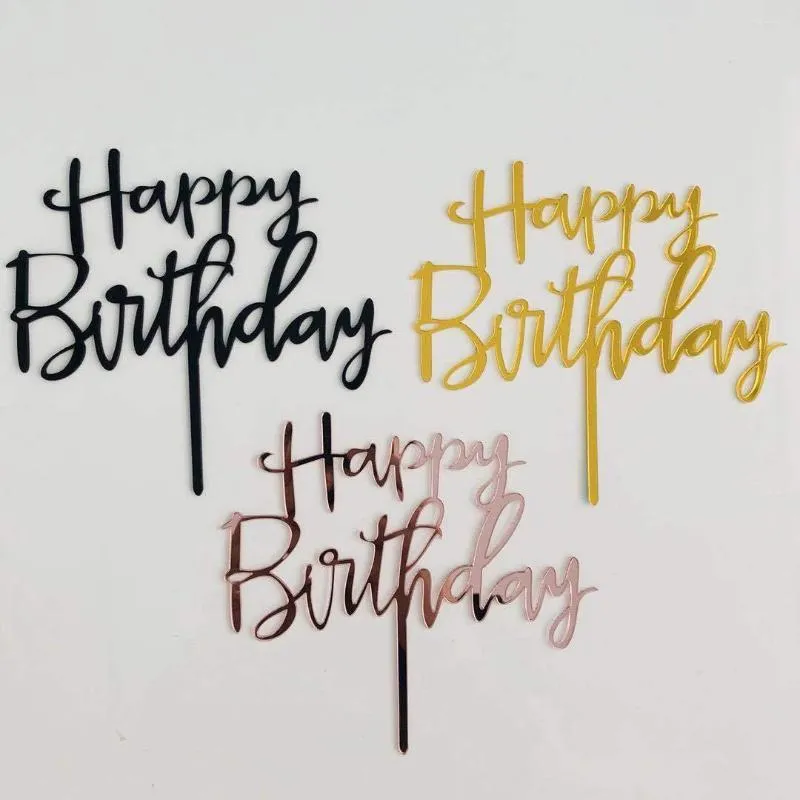 Fournitures de fête 1 pièces joyeux anniversaire gâteau Topper acrylique noir or Rose lettre Toppers décorations de fête