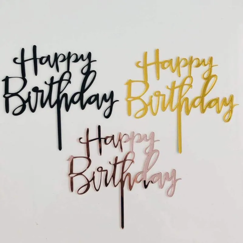 Forniture festive 1pcs Topper per torta di buon compleanno Decorazioni per feste in acrilico Balck Gold Rose Letter Toppers