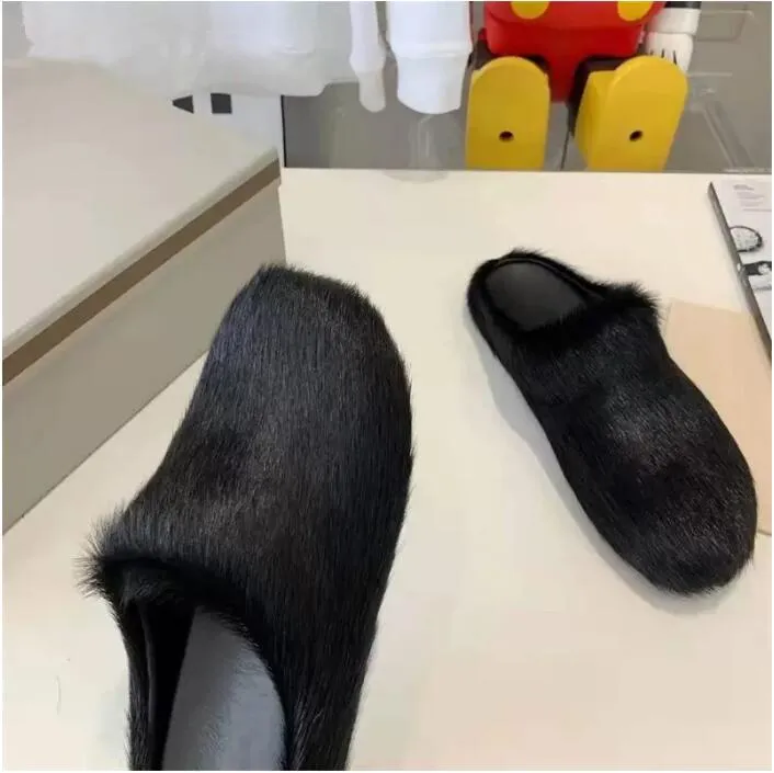 2023 mode Fell Hausschuhe Frauen Runde Kappe Pferd Haar Rutschen Weibliche Schwarz Rose Rot Grün Maultiere Schuhe Flache Halbe Slipper frau Casual plüsch schuhe