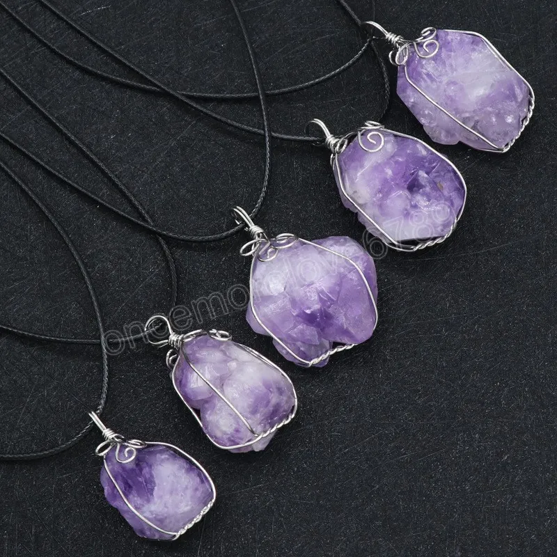 Artisanat à la main Fleur Wrap Reiki Guérison Pierre Violet Cristal Collier Brut Cluster Rock Minéral Améthystes Naturelles Pendentif Colliers