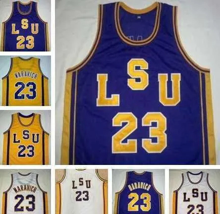 American College Football Wear Custom Basketball NCAA # 23 Pete Maravich LSU Tigers Maillots Vintage Violet Blanc Jaune Retro College Basketball Cousu Hommes Enfants Y