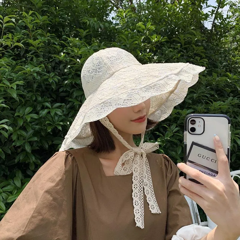 Wide Brim Hats Style Straw Hat Female Summer Flower Lace Beach Holiday Shade With Adjustable Soft Elegant