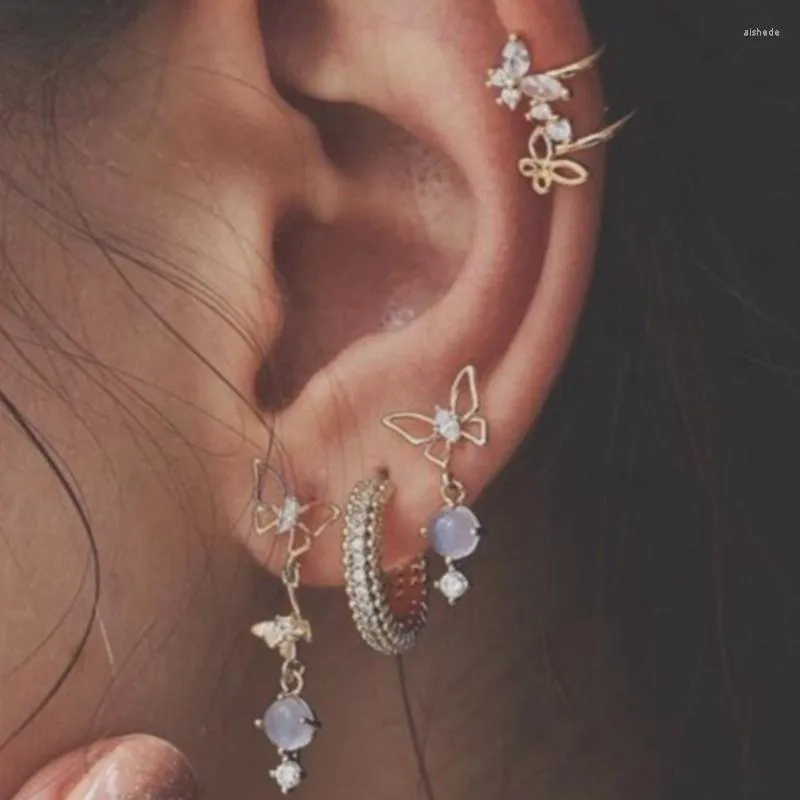 Boucles d'oreilles créoles 5 pièces mignon papillon ensemble pour femmes cristal opale cercle Clip sur pas de bijoux Boho percés