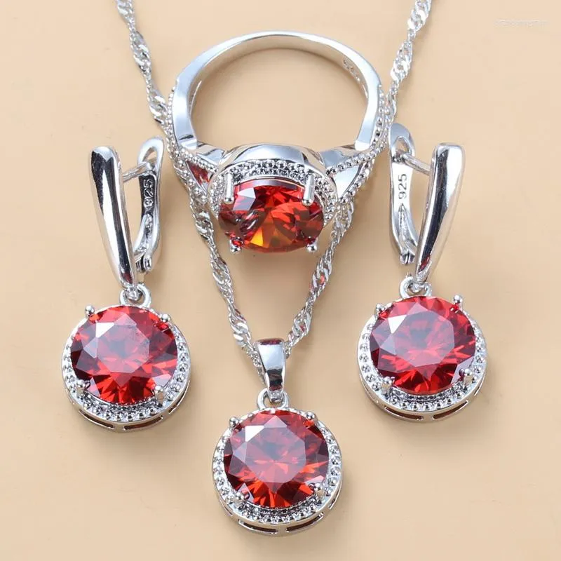 Halskette Ohrringe Set 925 Mark Brautzubehör Hochzeitskleid Runde rote Granat CZ Dangle Ring für Frauen Geschenk