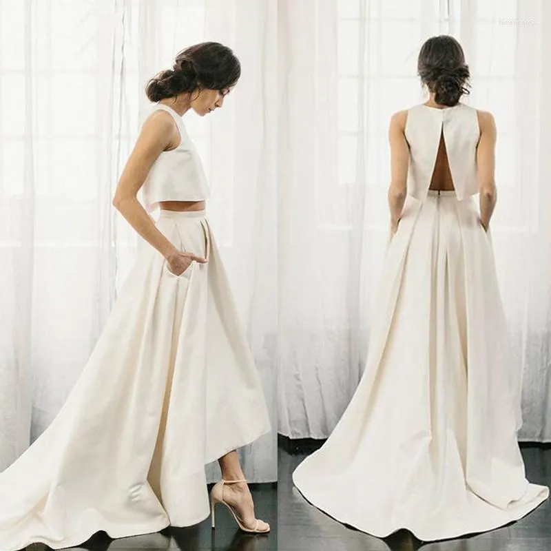 Suknia ślubna 2 sztuki vestidos de noiva proste satynowe sukienki A-line Boho 2022 Sweep Train Elegant Bride Princess Beach Suknia