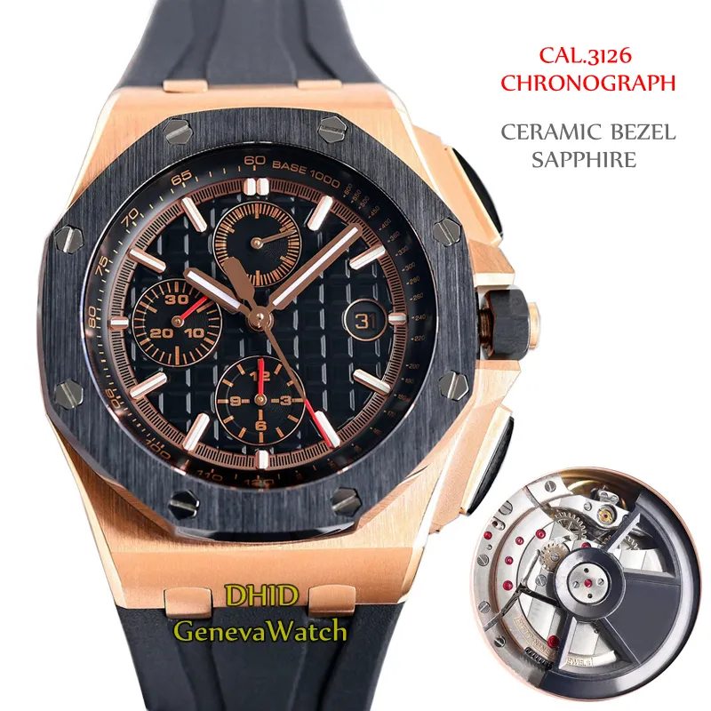 44mm Luxury Mens Watches CAL3126 Chronograph Mechanical Automatic Movement Watch 904L Case Ceramic Bezel Sapphire Rubber Band Luminous Montre de luxe