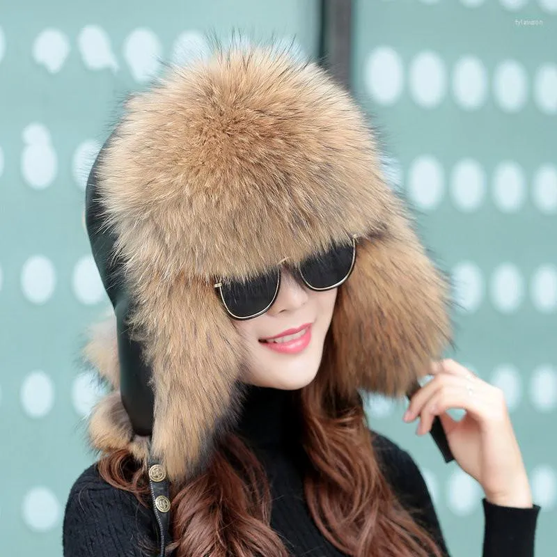 Berets Fur Hat For Women Natural Raccoon Russian Hats Winter Thick Warm Ears Fashion Cap Silver Lady