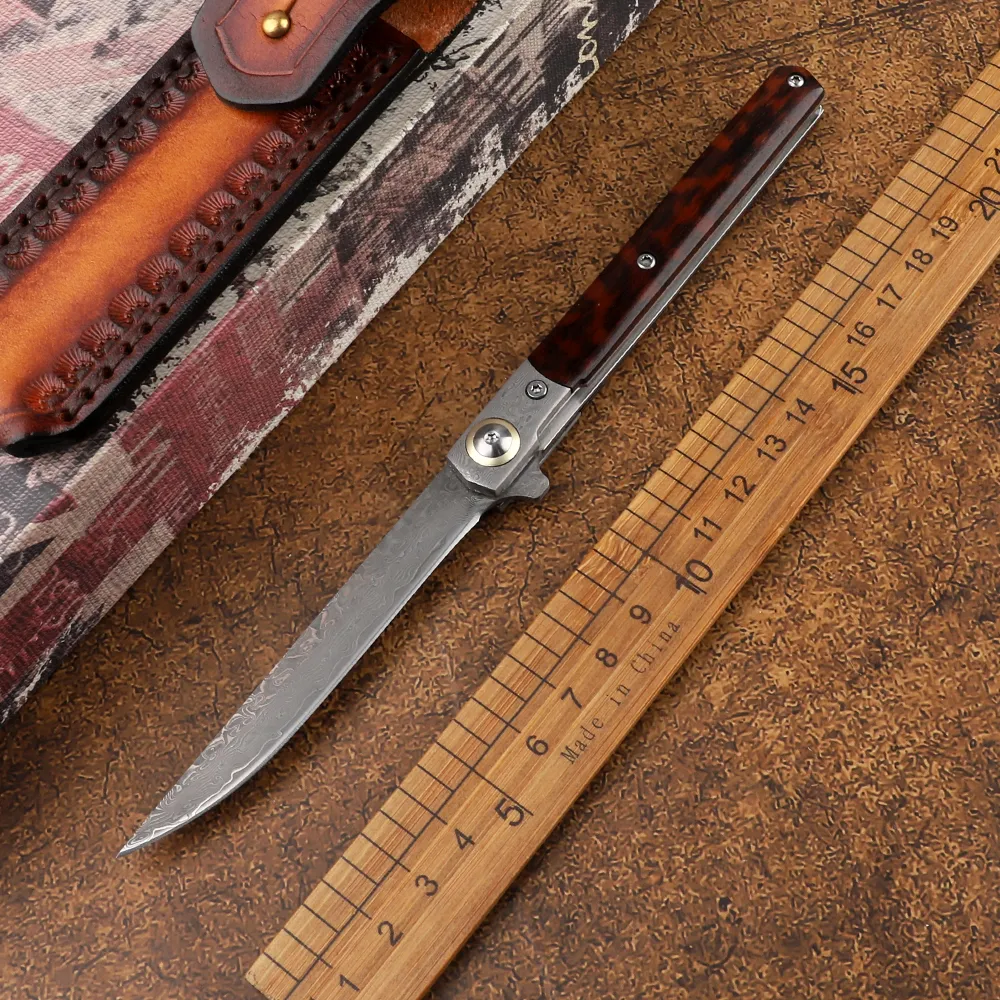 Portable Damascus Steel Snake Grain Wooden Handle Folding Penknife