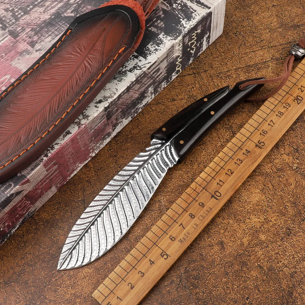 Feather Damaskus festes gerades Messer 8CR15MOV Griff Holzgriff zusammenklappbares taktisches Outdoor-Camping-Protokollierung Jagd-Wanderwerkzeug