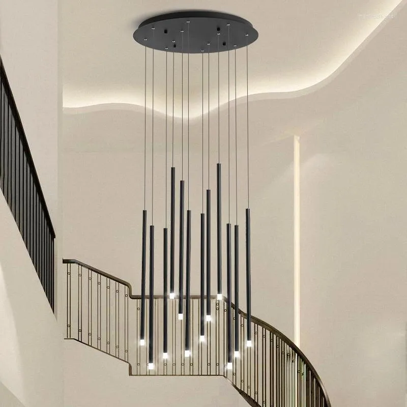 Lampes suspendues Lustre Led Moderne Simple Duplex Escalier En Colimaçon Villa Salon Salle À Manger Noir Or Décoratif