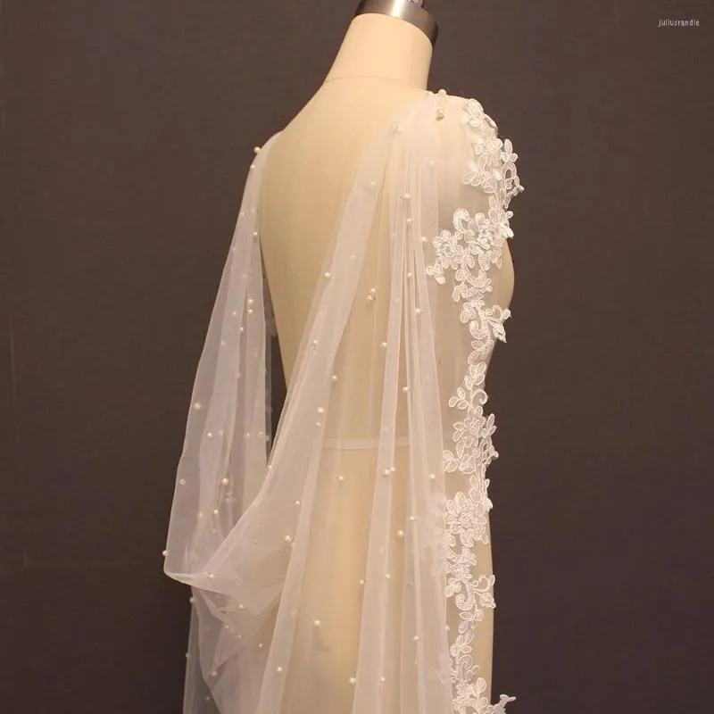 Envolve pérolas de alta qualidade de casamento bolero renda longa 2,5 metros de capa de noiva com acessórios de jaqueta de noiva de marfim branca de borda