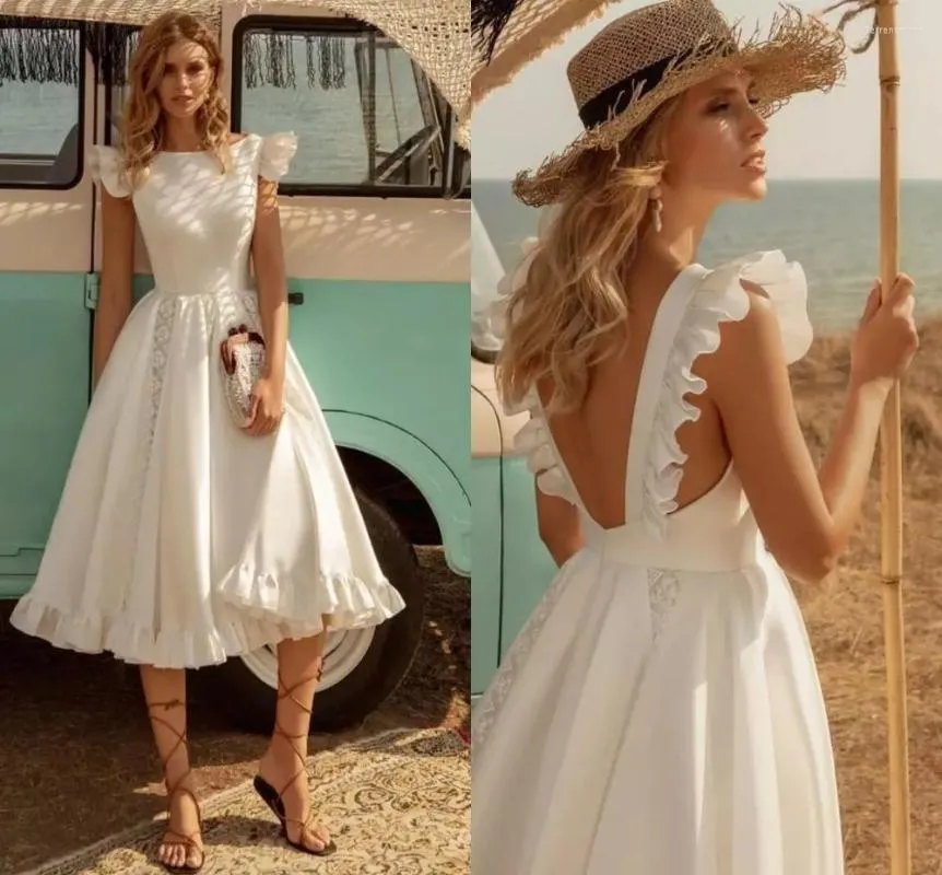 Wedding Dress Short Dresses 2022 Knee Length Satin White Sleeveless Bridal Gowns A-line Gorgeous Open Back Ruffles Vestido De Novia