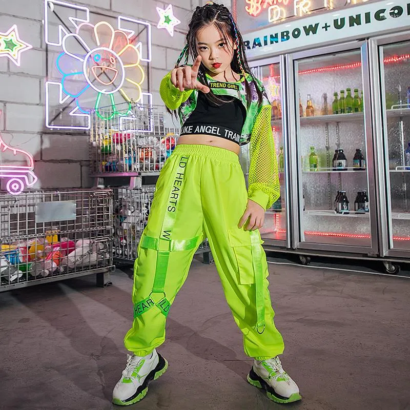 Stage Wear Hip Hop Costumes Girls Fluorescent Green Tops Pants Street Dance Outfit Modern Jazz Performance Rave Clothes BL7110