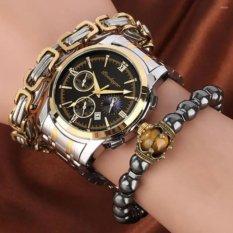 Armbandsur Herrlysande kalenderklocka premium vattentät full stålkvarts för man elastisk svart pärla armband 3 st kreativ gåva