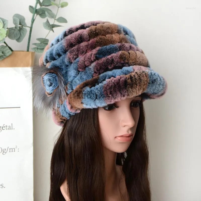 Visières d'hiver en fourrure de rex pour femmes avec chapeau en tricot à fleurs latérales