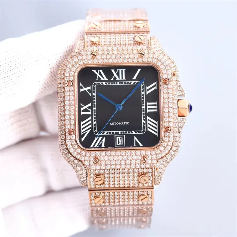 Montre en diamant pour hommes, mouvement mécanique, lentille saphir anti-rayures, boîtier en acier fin 316L, bracelet de 40mm, boucle pliable 003