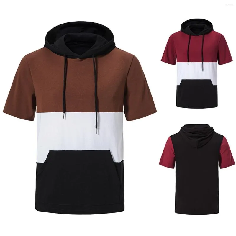 Men's Hoodies Mens Spring Summer Leisure Travel Colorblock Loose Hooded Drawstring T Shirt Short Sleeve Top