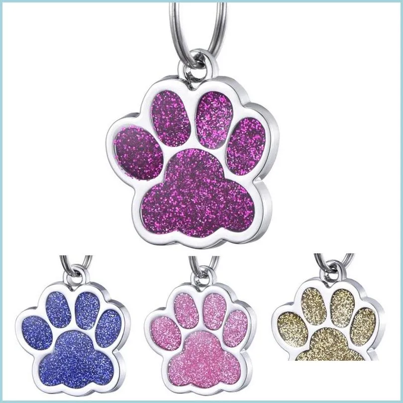 Dog Tag Id Card Glitter Dog Paw Print Pet Tags Metal Alloy Engraved Cat Id Card Fashion Information Mti Color 1 2Ct E1 Drop Delivery Dhzvl