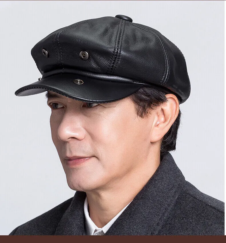 Chapeau en cuir de veau véritable pour homme, casquette chaude d'hiver, béret noir jaune café