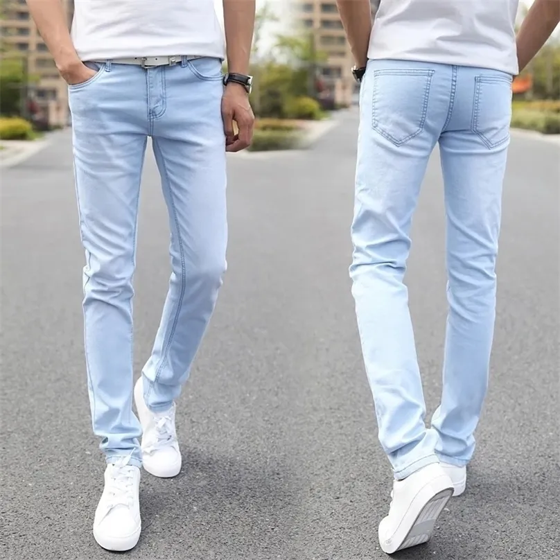 Мужские джинсы мужчины растягивают худой мужской дизайнерский бренд супер эластичные прямые брюки Slim Fit Fashion Sky Blue 221018