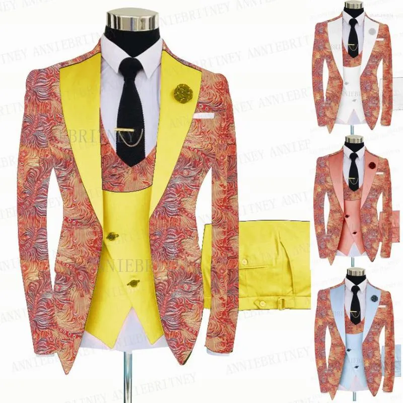 Trajes para hombre 2022, traje de boda con estampado Floral rosa para hombre, chaqueta brillante de 3 piezas ajustada para novio, chaqueta para graduación, chaleco con doble botonadura, pantalones