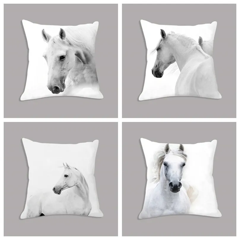 Cojín de asiento de caballo blanco Animal, funda de almohada de felpa, cojín decorativo de 45x45cm sin relleno para sofá, decoración del hogar 220507