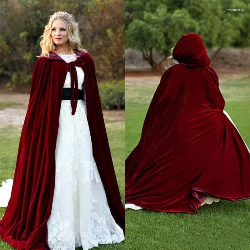 Wraps Red Long Velvet Christmas Hooded Cloak Bridal Cloaks Capes Winter Halloween Floor Length Jacket Wedding Bridesmaid