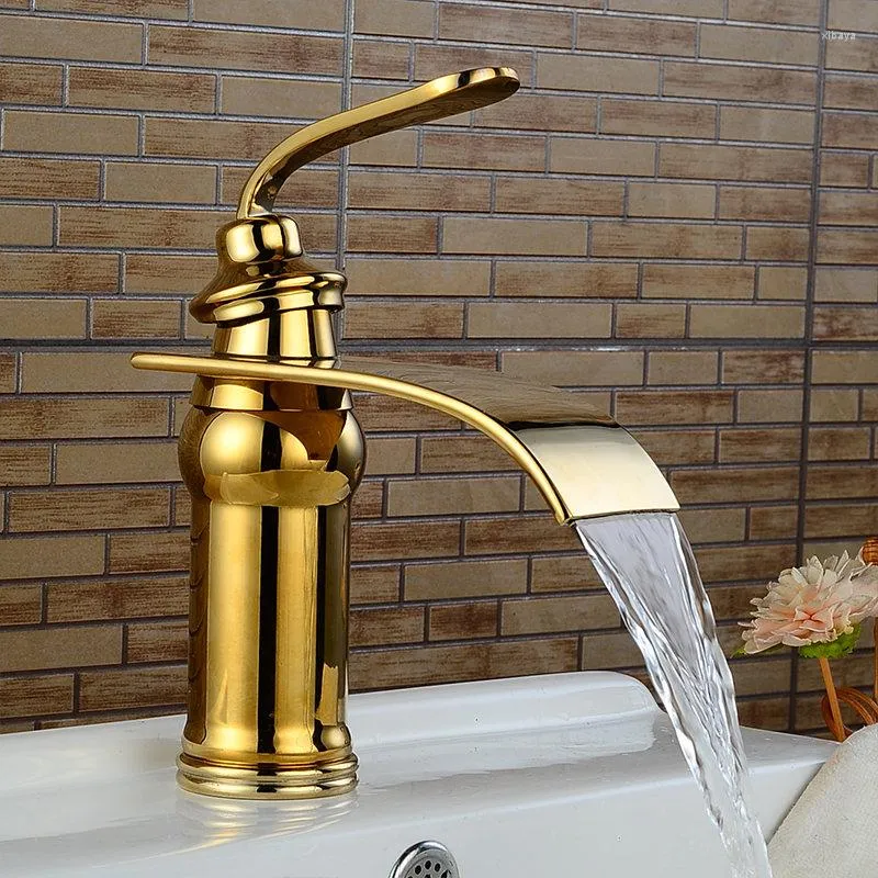 Bathroom Sink Faucets Basin Faucet Solid Brass Gold Waterfall Mixer Big Square Spout Tap Torneira Banheiro WF-9273