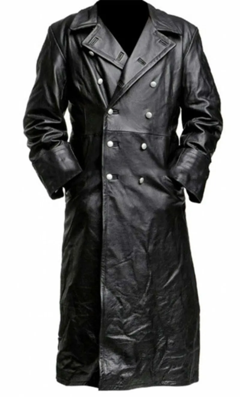 Spring Black Long Pu Leather Trench Coat Jacket för män Vintage Steampunk Gothic Jacket Overcoat German Officer Military Uniform