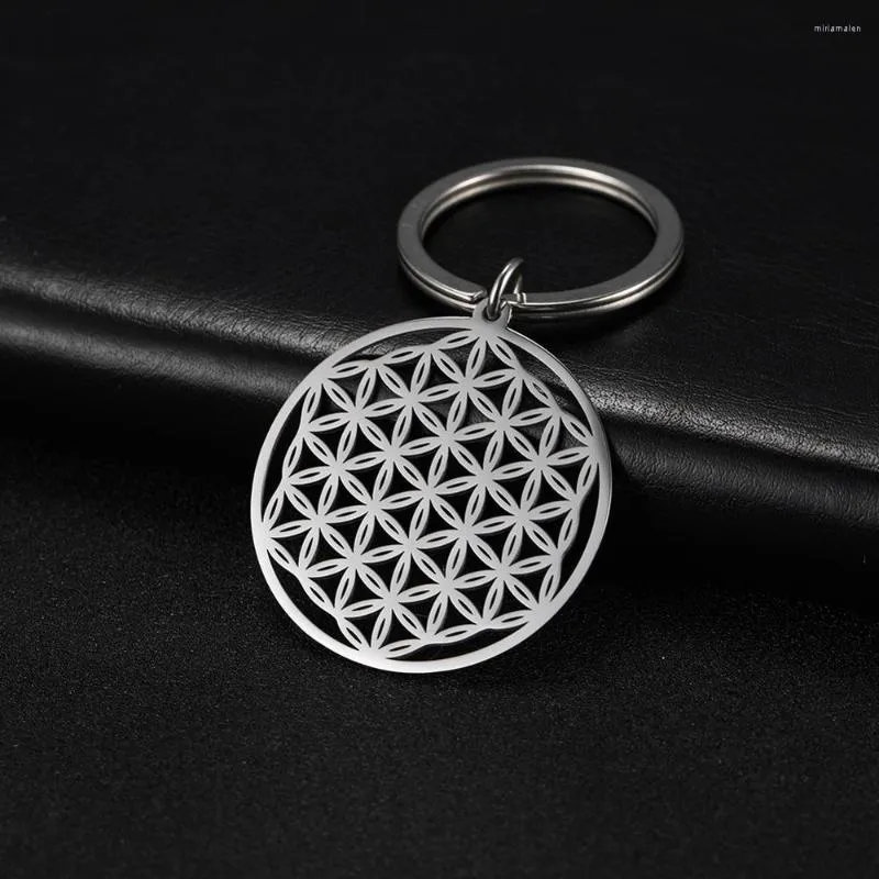 Keychains Teamer Flower Of Life Keychain Talisman Amulet Viking Stainless Steel Keyring Women Men Wicca Fashion Keyholder Key Ring Gifts