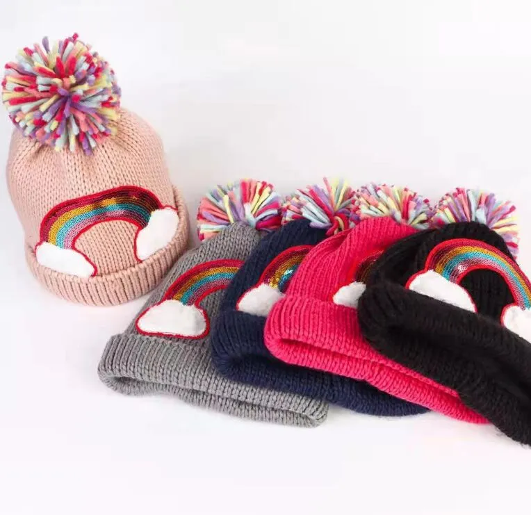 Ragazze arcobaleno lavora a maglia berretti bambini berretti di peluche cappelli di cotone per ragazzi prezzo di fabbrica