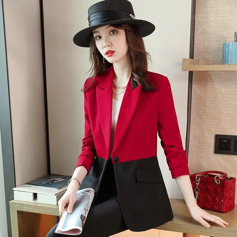 Damenanzüge Mode Damen Rot und Schwarz Patchwork Blazer Frauen Jacke Langarm Arbeitskleidung Business Büro Uniform Styles