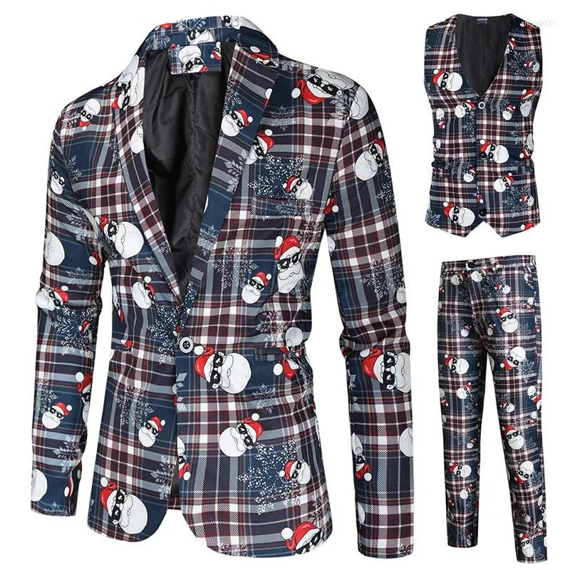 Men's Tracksuits Men's Christmas Print 3-piece Clothes Suit Blazer Vest And Pants Slim Single Button V-neck Tuxedos Xmas Coat Pant