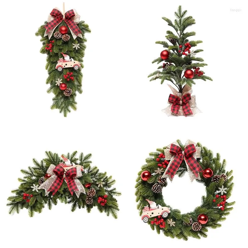 Decorative Flowers Q6PE Christmas Garland Red Pine Berry Xmas Tree Wall Mount Wreath For Holiday Party Home Garden Farmhouse Front Door