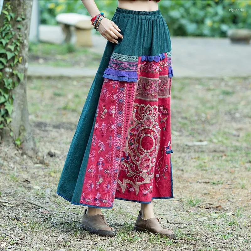 Etniska kl￤der 2022 Kvinnor Vintage kjol National Flower Brodery Cotton Linen Chinese Hanfu Folkdansdr￤kt Oriental Retro