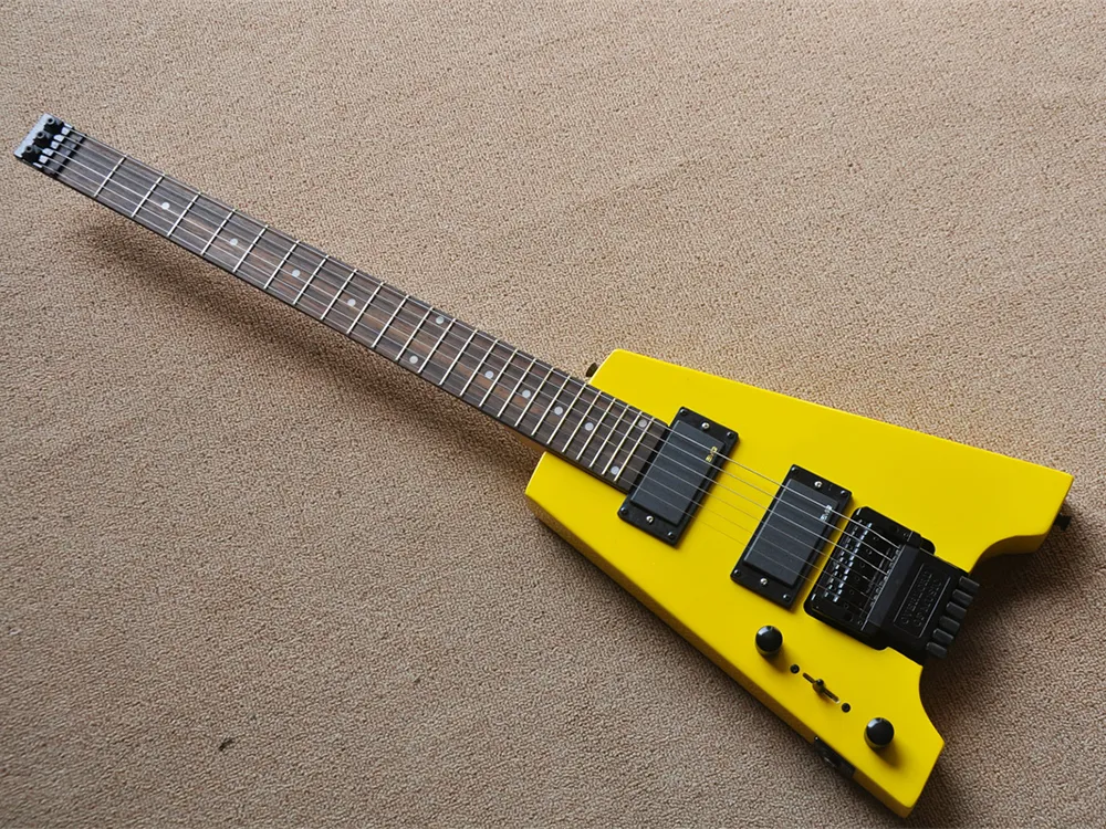 Gelbe E-Gitarre ohne Kopf für Linkshänder mit EMG-Tonabnehmern, Griffbrett aus Palisander, 24 Bünde. Kann nach Wunsch angepasst werden