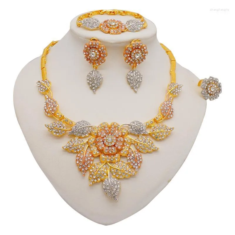 Halskette Ohrringe Set Brautmode Dubai Gold Nigerian für Frau Hochzeit Afrikanische Perlen Schmuck Großhandel Design