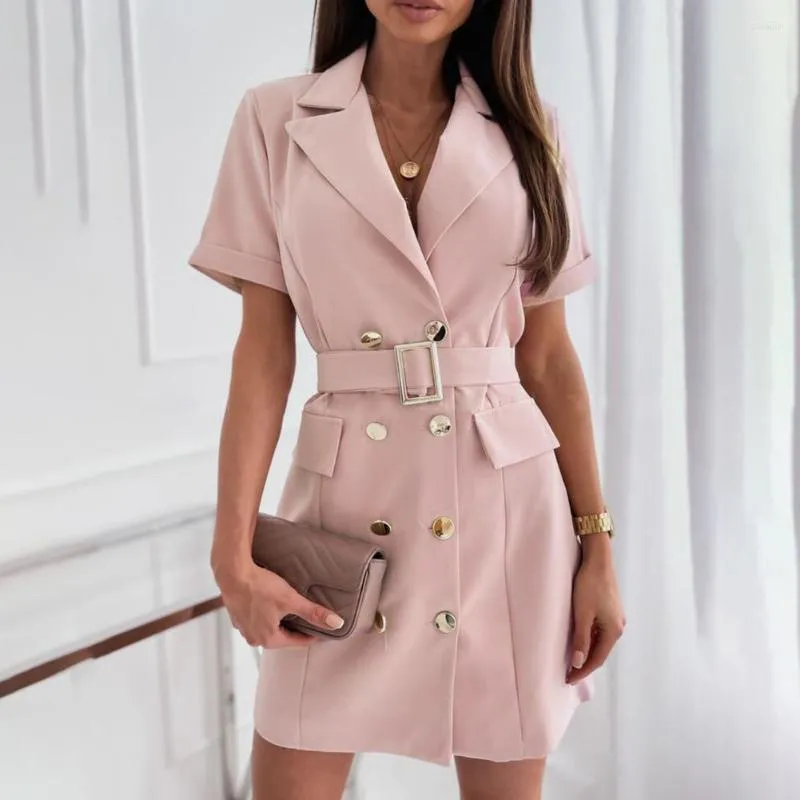 Casual Dresses Summer Short Dress Double-breasted Breathable Mini Ladies Wide Belt Metal Buckle Lapel Women Party Long Sleeve Slim