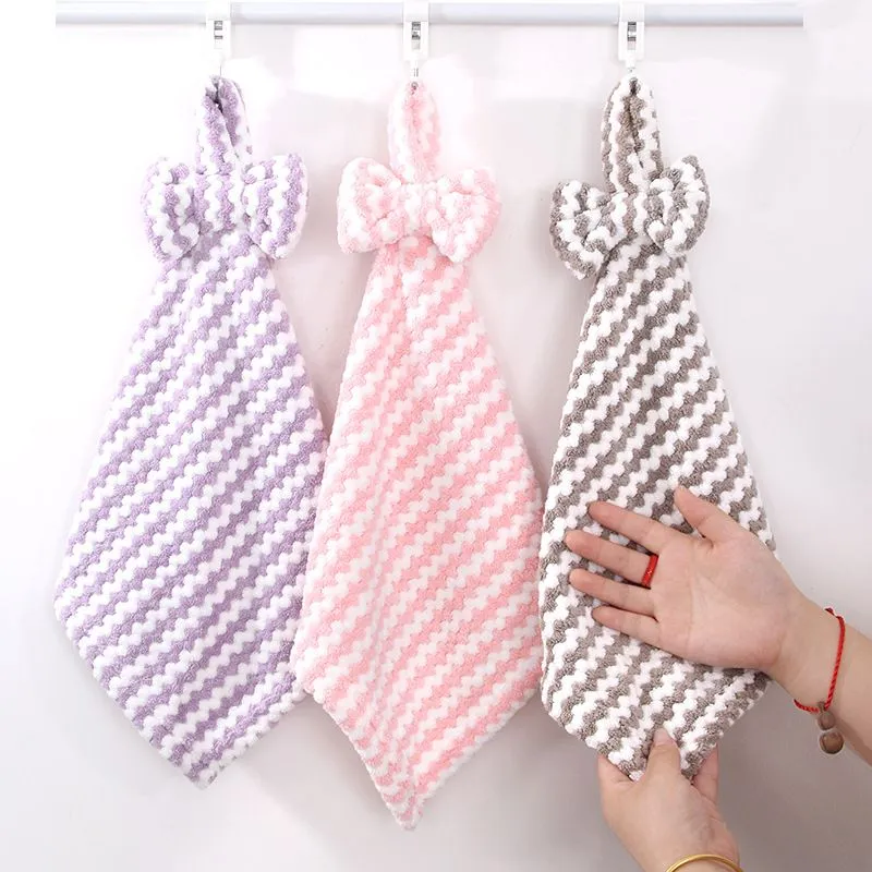 Coral Velvet Towels Kitchen Toilet Soft Absorbent Hangable Tie Hand Cleaning Cloth Bowknot Hanging Towel RRA30