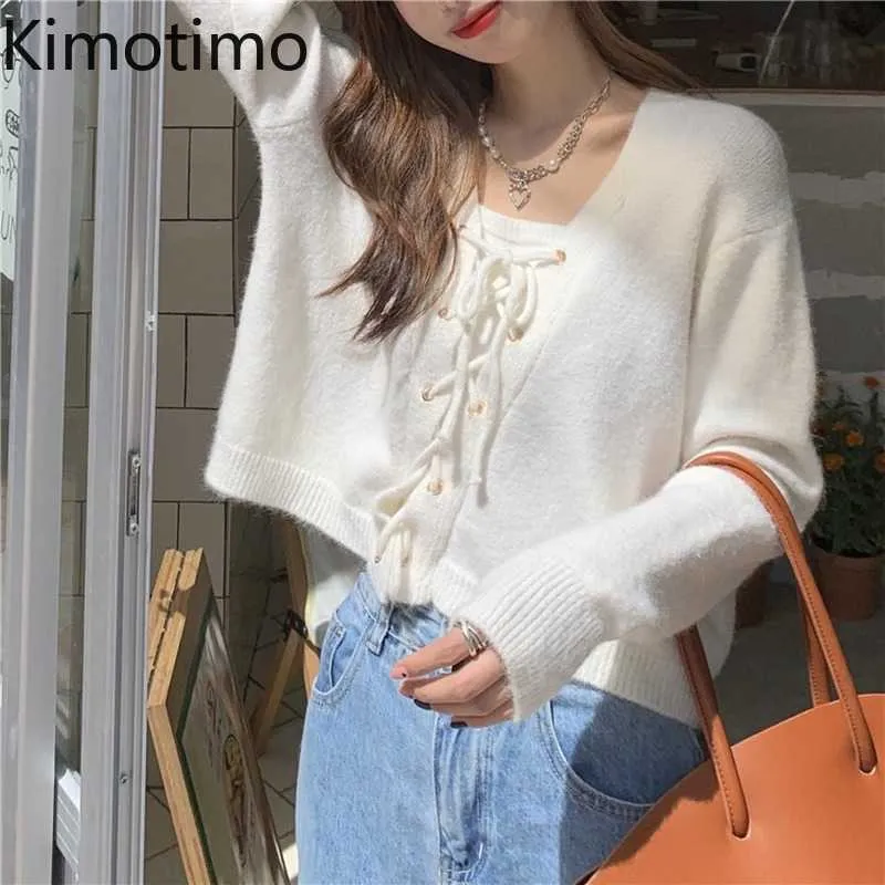 Kvinnors tröjor Kimotimo Solid Belt Sweater Women 2021 Autumn New Vhals Short Sweater Korean Fashion Design Långa ärmar Stickade tröjor Ins J220915