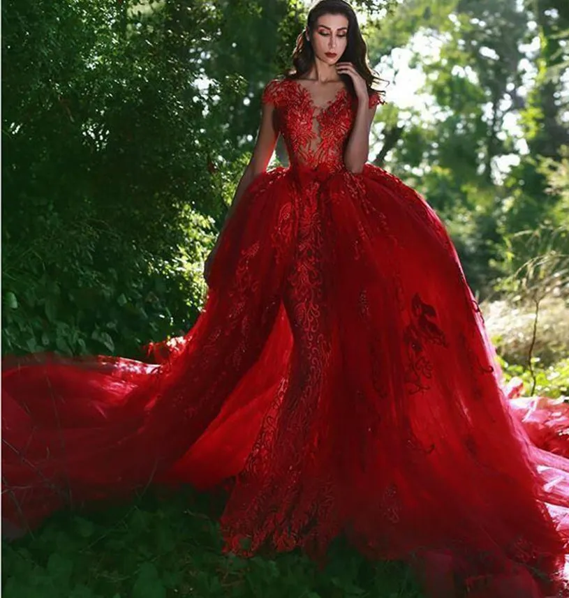 Bubai Vin Rouge Sirène Robe De Mariée Avec Train Détachable 2023 Arabie Arabe Dentelle Bouton Appliques Robes De Mariée Robes De Noiva