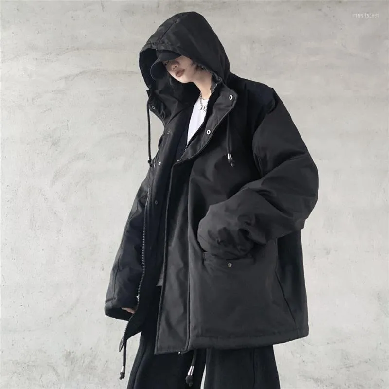 Herren Daunenjacke mit Kapuze, warmer Mantel im Harajuku-Stil, Hong Kong-Stil, plus Fleece, dick, Übergröße, Paar-Werkzeugjacken, Studenten