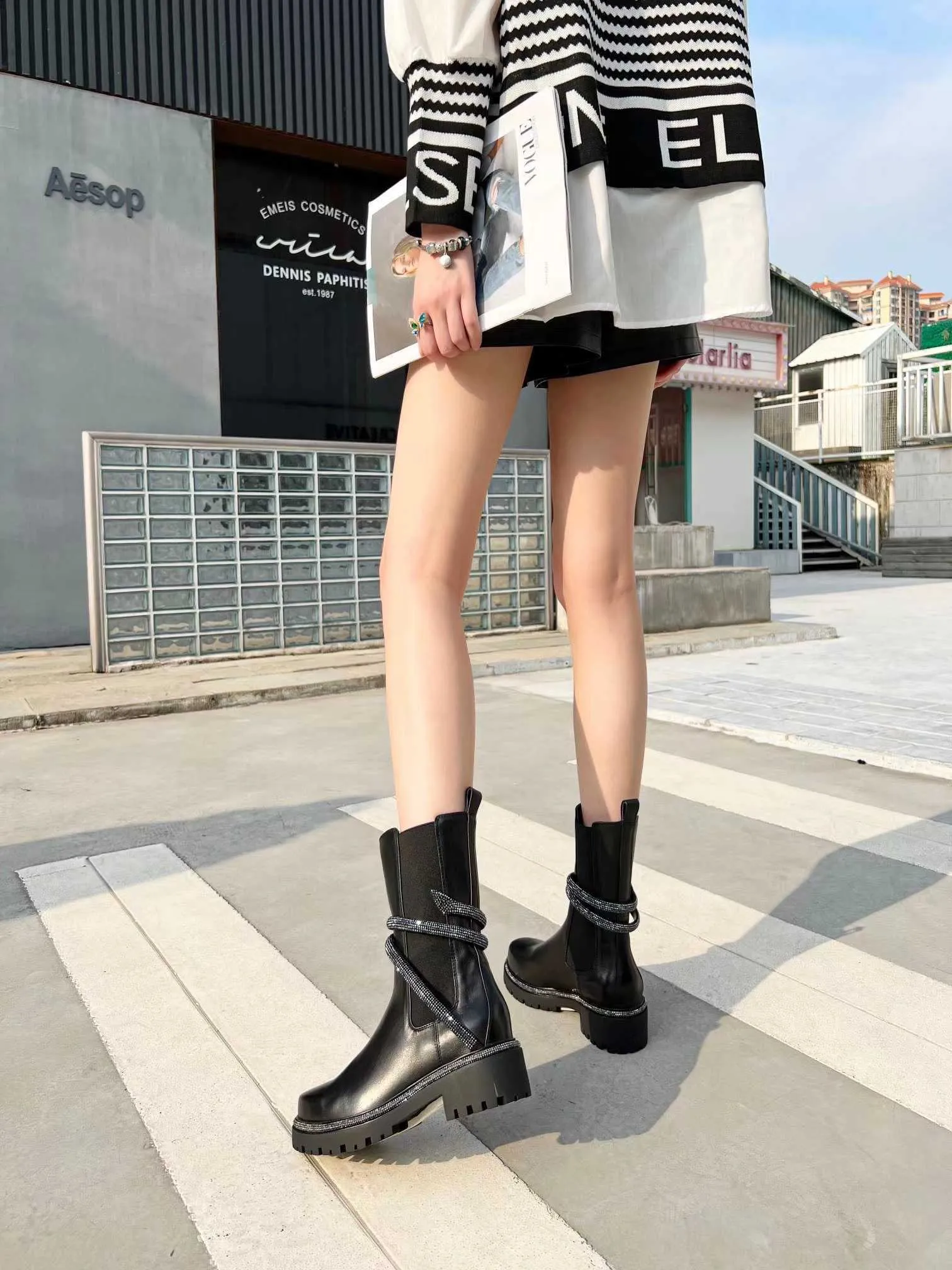 Motorcycle Boots New Rhinestone Snake Wrapped Leisure Full Grain Face Calfskin Rene Caovilla Inside Sheepskin 001