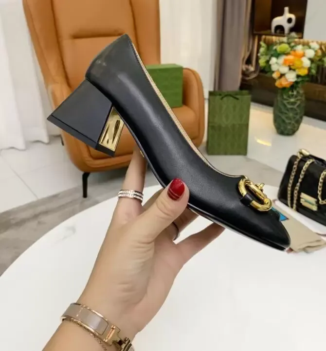 2021 New Dress shoes cowhide high heels Summer fashion Coarser heel Women Shoes 100% leather Metal lady High High heeled boat shoes 35-42