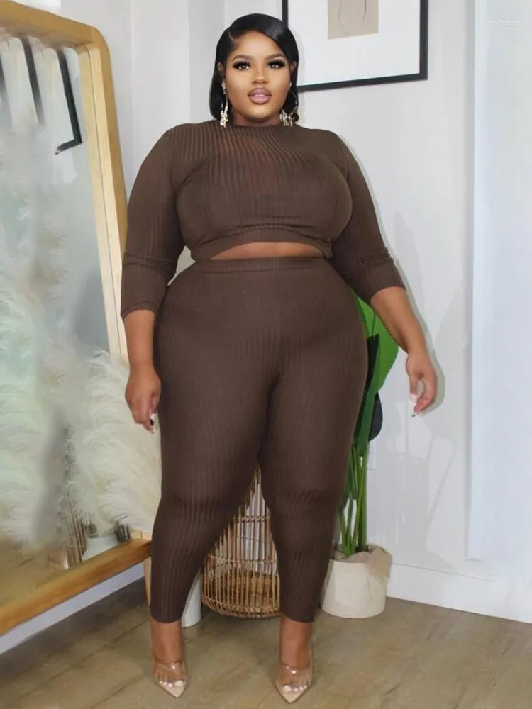 Survêtements 5XL grande taille ensemble femmes vêtements 2 pièces haut court et pantalon costume automne solide tricoté côtelé décontracté Sexy grandes tenues