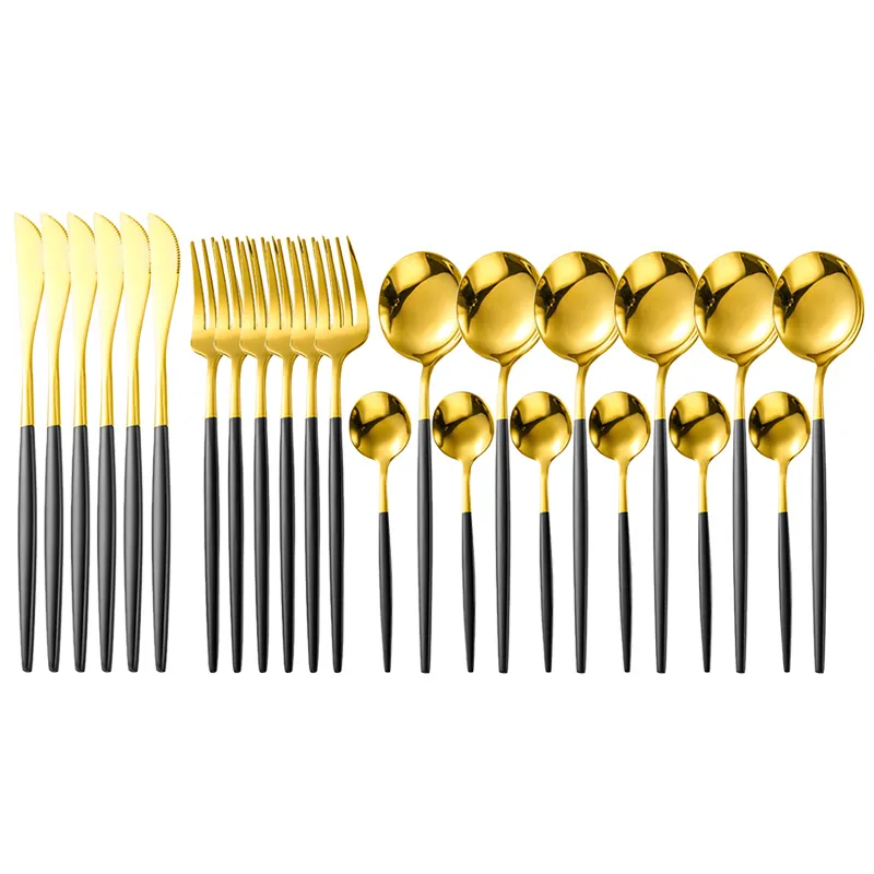 Svart guld servis rostfritt stål knivgaffel sked bestick bordsvaror sierware set dropshipping 201128