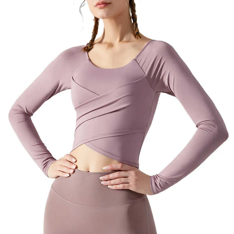 lu-399 Haut de Yoga à manches longues, vêtements de gymnastique plissés croisés pour femmes, chemise de sport Slim, soutien-gorge amovible